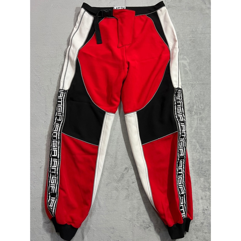 I AM GIA Electra Pants Womens Large Red Black Logo Racer Belted Track Joggers